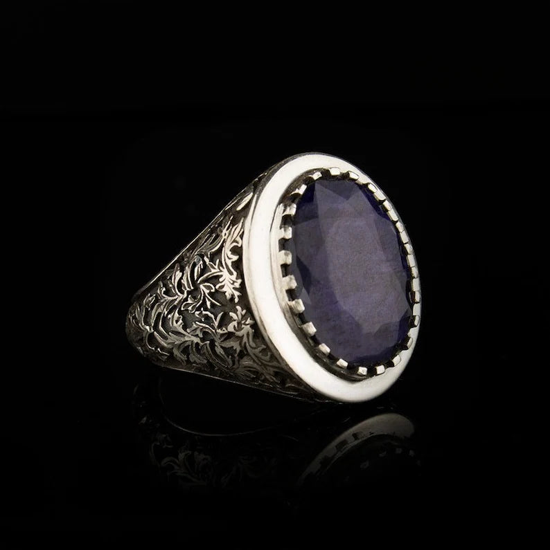 RARE PRINCE by CARAT SUTRA | Unique Designed Turkish Style Ring with S Sapphire, 925 Sterling Silver Oxidized Ring | Men's Jewelry | With Certificate of Authenticity and 925 Hallmark