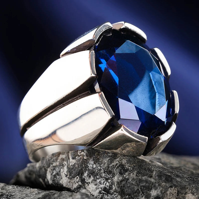 RARE PRINCE by CARAT SUTRA | Unique Turkish Style Ring with S Blue Sapphire, Oxidized Sterling Silver 925 Ring | Jewellery for Men| With Certificate of Authenticity and 925 Hallmark