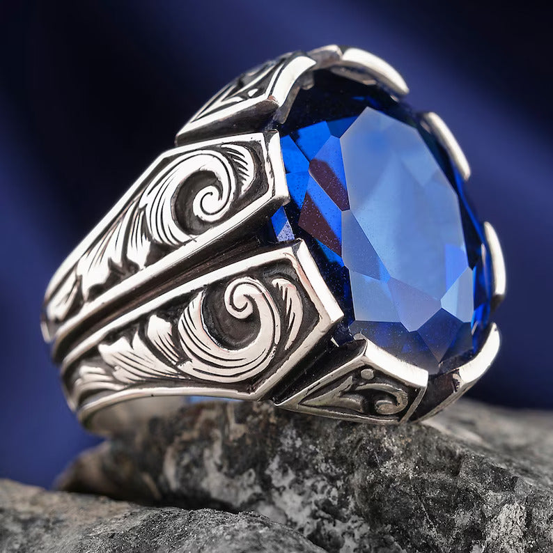 RARE PRINCE by CARAT SUTRA | Unique Turkish Style Ring with Srilankan Blue Sapphire | 925 Sterling Silver Oxidized Ring | Men's Jewelry | With Certificate of Authenticity and 925 Hallmark