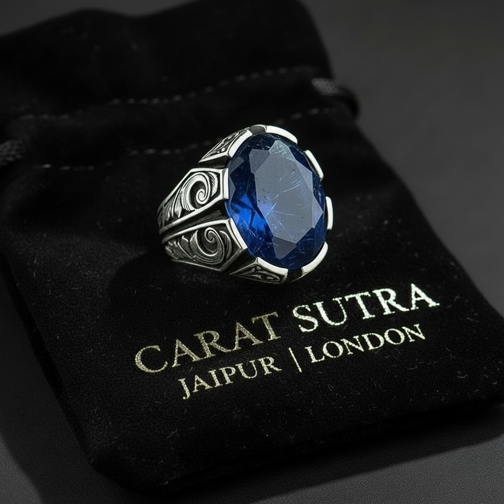 RARE PRINCE by CARAT SUTRA | Unique Turkish Style Ring with Srilankan Blue Sapphire | 925 Sterling Silver Oxidized Ring | Men's Jewelry | With Certificate of Authenticity and 925 Hallmark