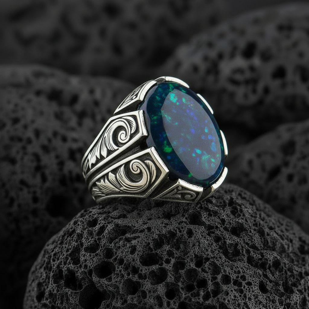 Unique Designed Turkish Style Ring with 12ct Natural Fire Black Opal | 925 Sterling Silver Oxidized Ring | With Certificate of Authenticity and 925 Hallmark
