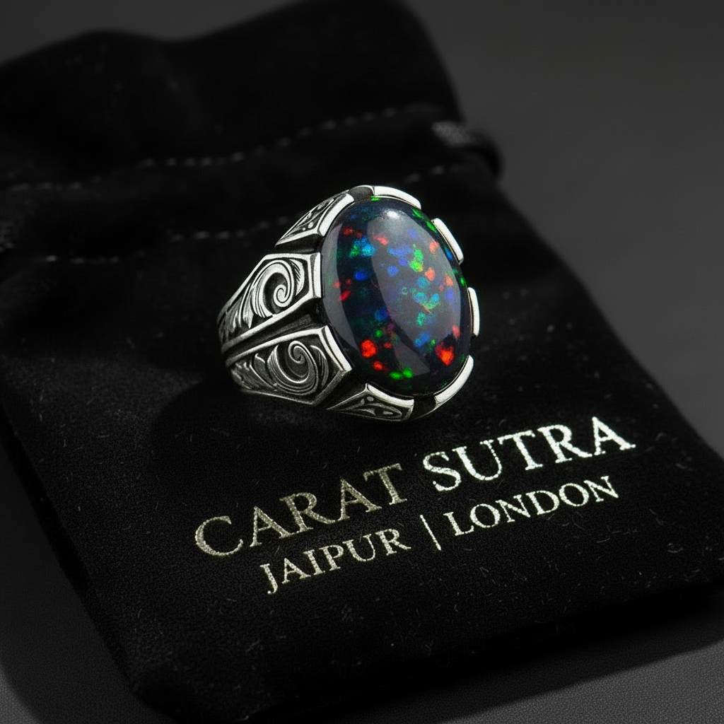 Unique Designed Turkish Style Ring with 12ct Natural Fire Black Opal | 925 Sterling Silver Oxidized Ring | With Certificate of Authenticity and 925 Hallmark