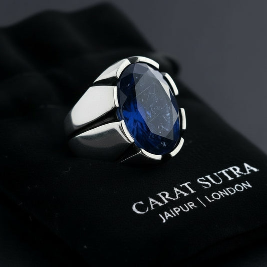 RARE PRINCE by CARAT SUTRA | Unique Turkish Style Ring with S Blue Sapphire, Oxidized Sterling Silver 925 Ring | Jewellery for Men| With Certificate of Authenticity and 925 Hallmark