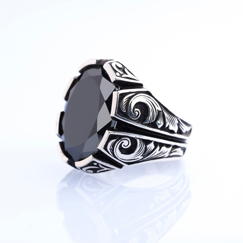 RARE PRINCE by CARAT SUTRA | Unique Turkish Style Ring with Natural Black Onyx | Black Rhodium & Gold Plated 925 Sterling Silver Ring | Men's Jewelry | With Certificate of Authenticity and 925 Hallmark