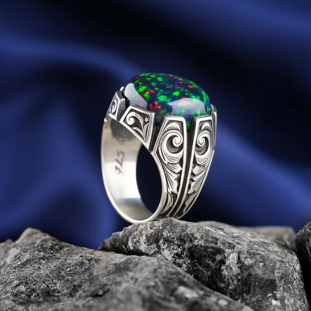 Unique Designed Turkish Style Ring with 12ct Natural Fire Black Opal | 925 Sterling Silver Oxidized Ring | With Certificate of Authenticity and 925 Hallmark