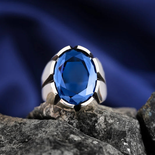 RARE PRINCE by CARAT SUTRA | Unique Turkish Style Ring with S Blue Sapphire, Oxidized Sterling Silver 925 Ring | Jewellery for Men| With Certificate of Authenticity and 925 Hallmark