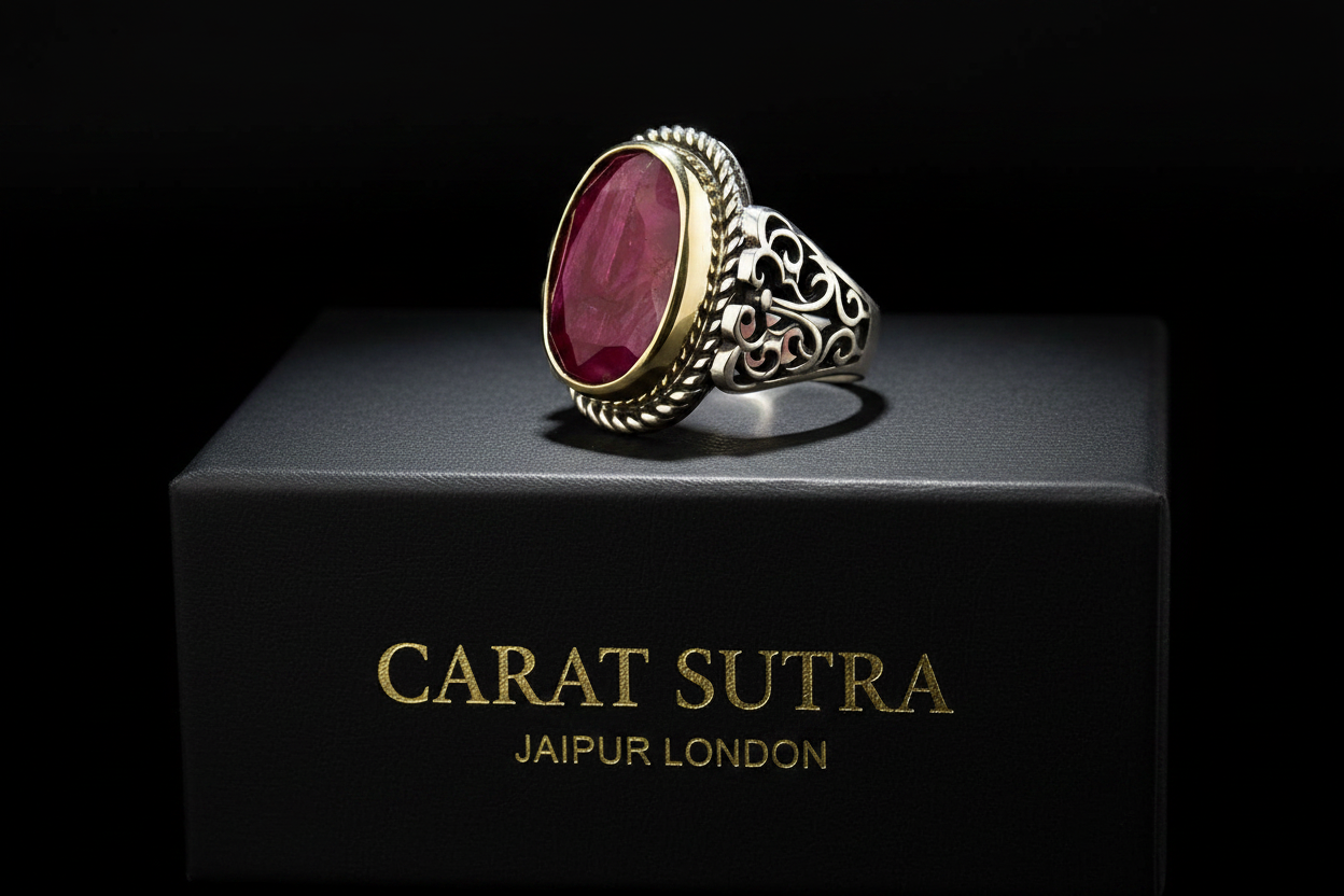 RARE PRINCE by CARAT SUTRA | Unique Designed Turkish Style Heavy Ring with Natural Red Ruby | 22kt Gold Micron Plated 925 Sterling Silver Oxidized Ring | Men's Jewelry | With Certificate of Authenticity and 925 Hallmark - caratsutra