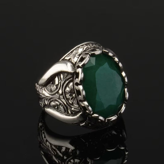 RARE PRINCE by CARAT SUTRA | Unique Designed Turkish Style Ring with Emerald | 925 Sterling Silver Oxidized Ring | Men's Jewelry | With Certificate of Authenticity and 925 Hallmark