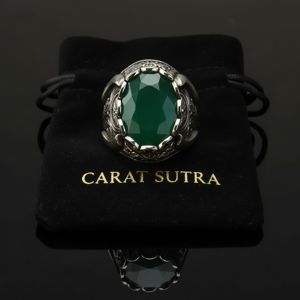 RARE PRINCE by CARAT SUTRA | Unique Designed Turkish Style Ring with Emerald | 925 Sterling Silver Oxidized Ring | Men's Jewelry | With Certificate of Authenticity and 925 Hallmark