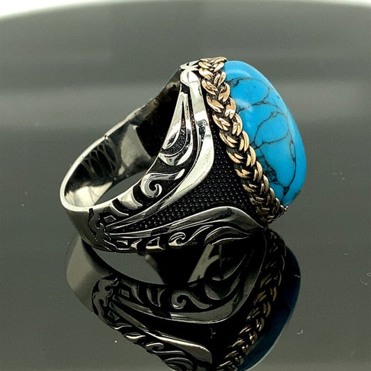 RARE PRINCE by CARAT SUTRA | Unique Designed Turkish Style Ring with Natural Blue Turquoise | 925 Sterling Silver Oxidized Ring | Men's Jewelry | With Certificate of Authenticity and 925 Hallmark