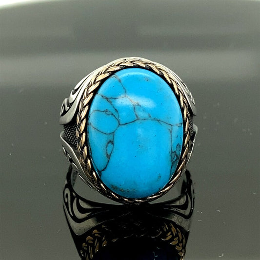 RARE PRINCE by CARAT SUTRA | Unique Designed Turkish Style Ring with Natural IraniTurquoise (Firoza) | 925 Sterling Silver Oxidized Ring | Men's Jewelry | With Certificate of Authenticity and 925 Hallmark
