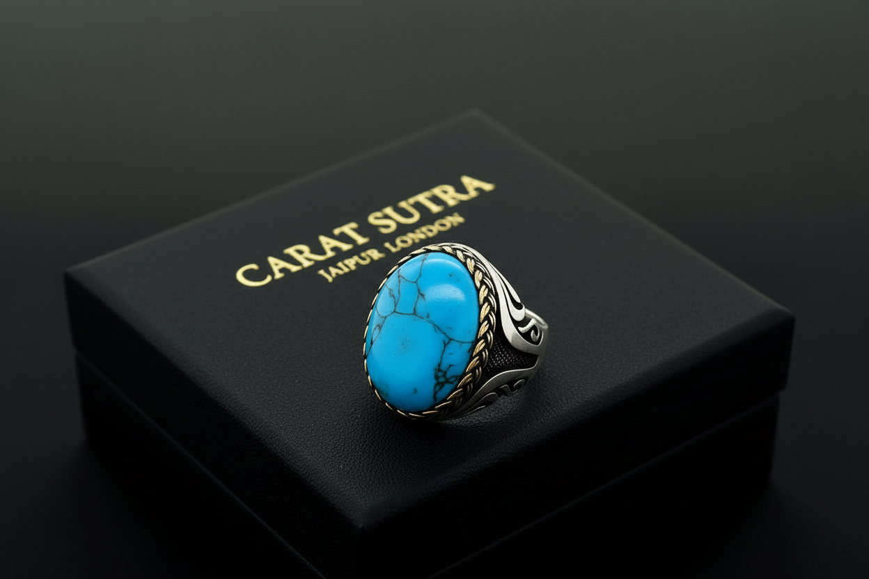 RARE PRINCE by CARAT SUTRA | Unique Designed Turkish Style Ring with Natural Irani Turquoise (Firoza) | 925 Sterling Silver Oxidized Ring | Men's Jewelry | With Certificate of Authenticity and 925 Hallmark - caratsutra