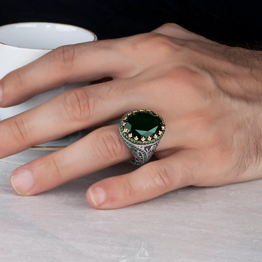 RARE PRINCE by CARAT SUTRA | Unique Designed Turkish Style Ring with Emerald | 925 Sterling Silver Oxidized Ring | Men's Jewelry | With Certificate of Authenticity and 925 Hallmark - caratsutra