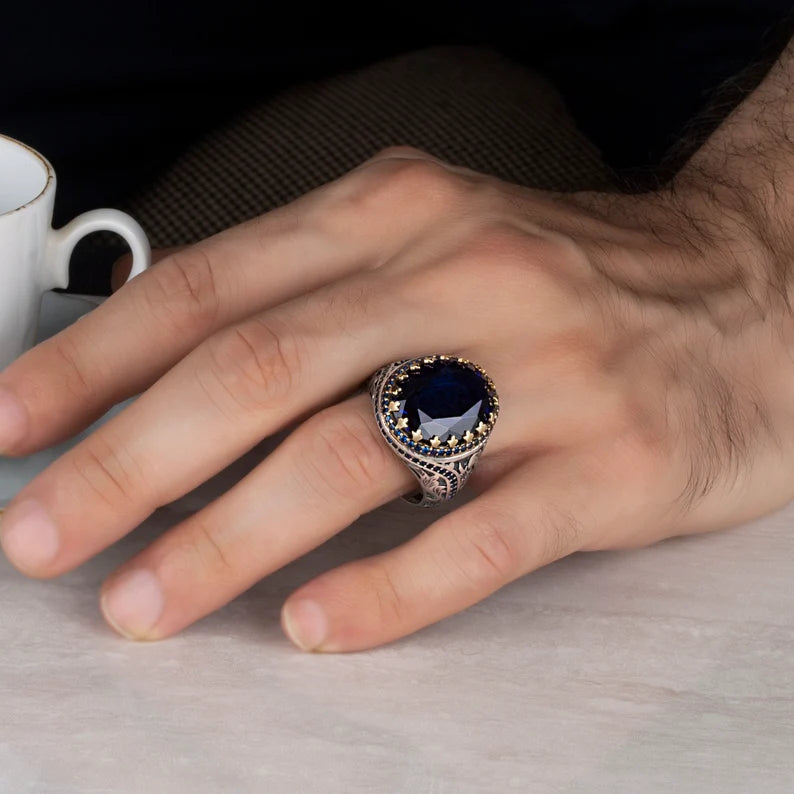 RARE PRINCE by CARAT SUTRA | Unique Turkish Style Ring with Blue S Sapphire | 925 Sterling Silver Oxidized Ring | Men's Jewelry | With Certificate of Authenticity and 925 Hallmark