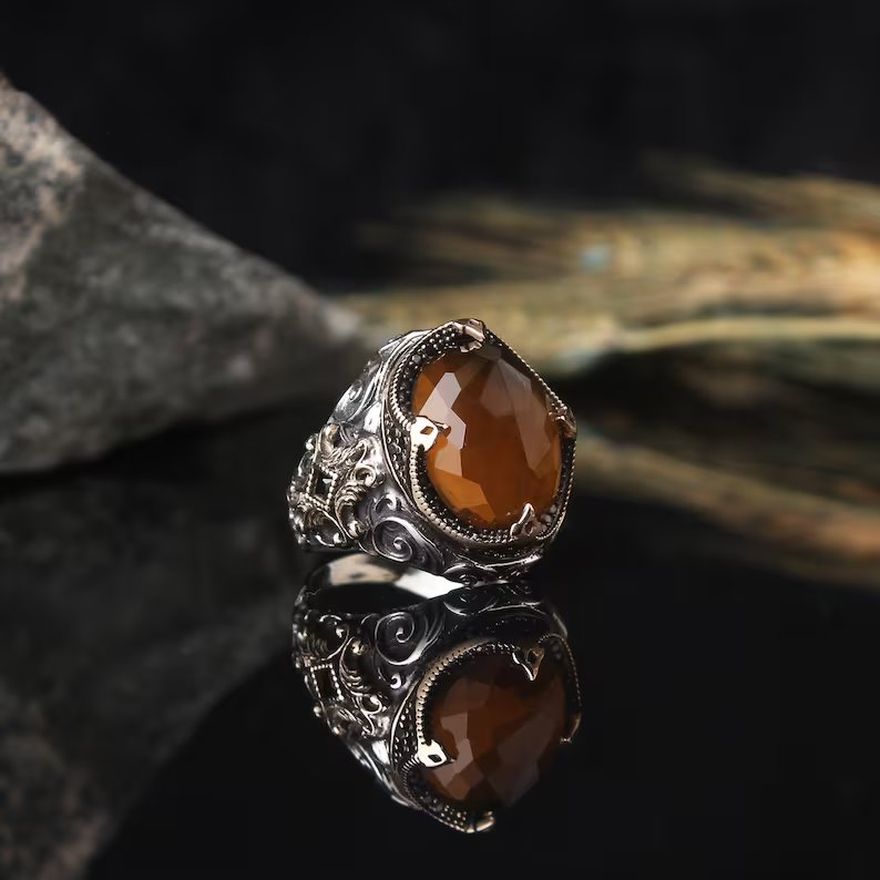 RARE PRINCE by CARAT SUTRA | Unique Designed Turkish Style Ring with Natural Tiger Eye  | 925 Sterling Silver Oxidized Ring | Men's Jewelry | With Certificate of Authenticity and 925 Hallmark