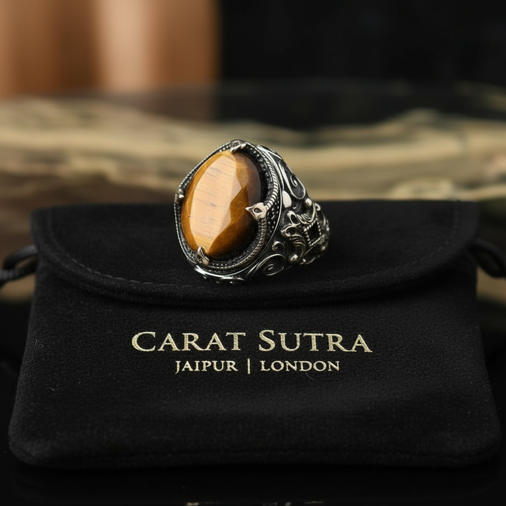 RARE PRINCE by CARAT SUTRA | Unique Designed Turkish Style Ring with Natural Tiger Eye  | 925 Sterling Silver Oxidized Ring | Men's Jewelry | With Certificate of Authenticity and 925 Hallmark - caratsutra