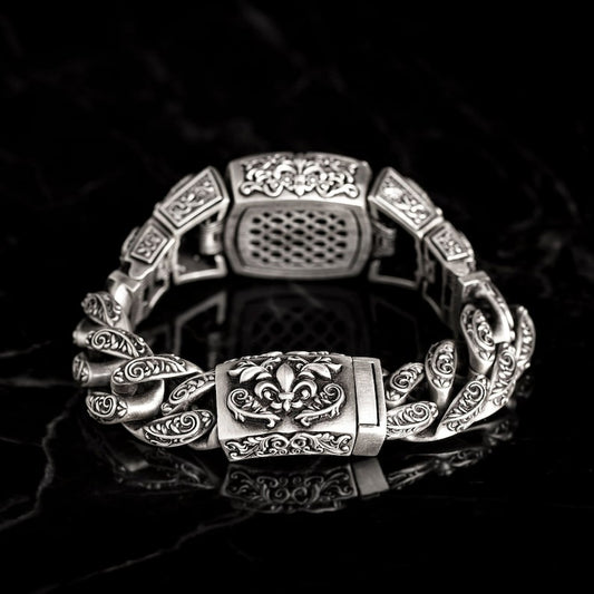RARE PRINCE by CARAT SUTRA | 16mm Wide Solid Floral Textured Miami Cuban Link With Artistic Cross Bracelet | Oxidised 925 Sterling Silver Bracelet | Men's Jewelry | With Certificate of Authenticity and 925 Hallmark