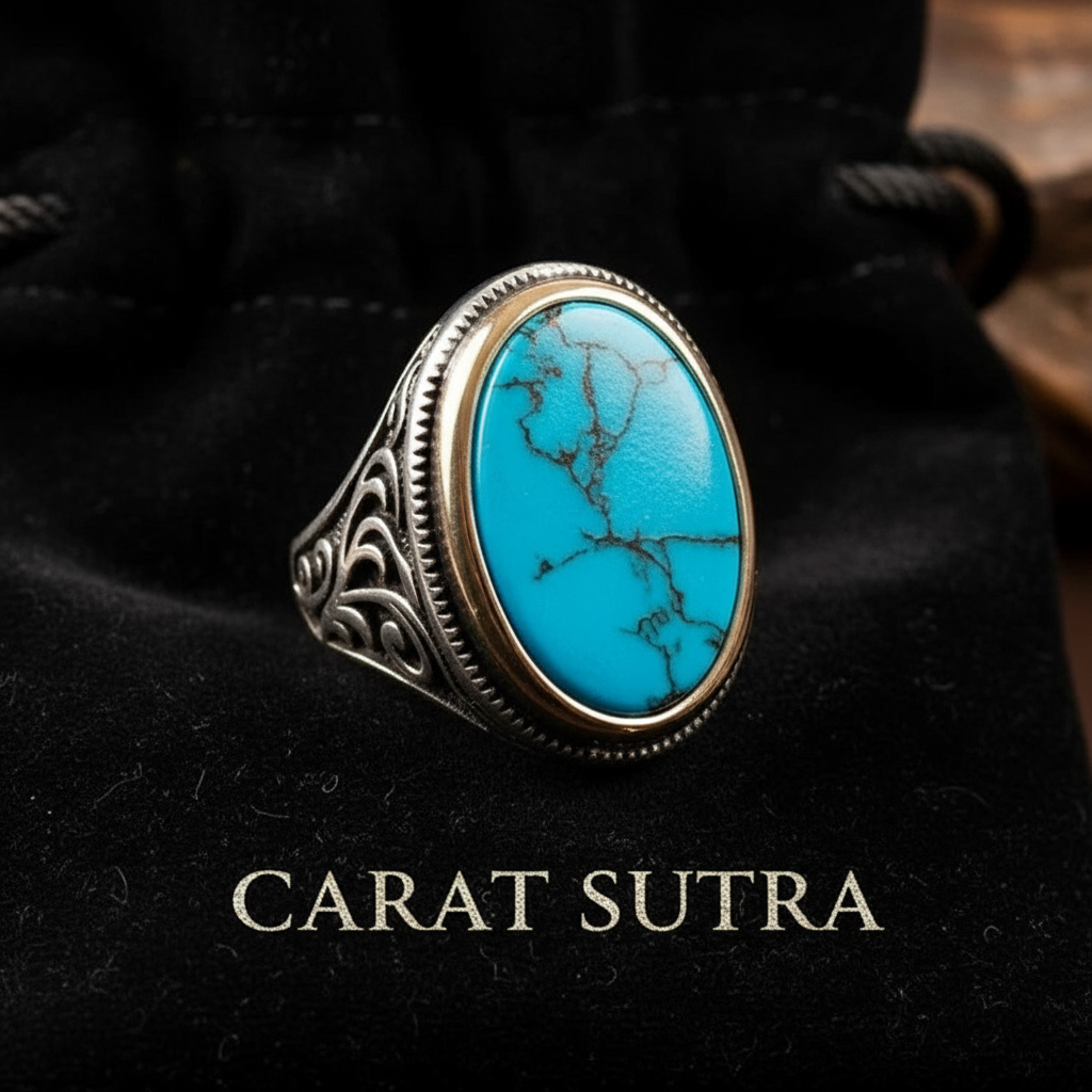 RARE PRINCE by CARAT SUTRA | Unique Designed Turkish Style Ring with Natural Irani Turquoise (Firoza)| 925 Sterling Silver Oxidized Ring | Men's Jewelry | With Certificate of Authenticity and 925 Hallmark
