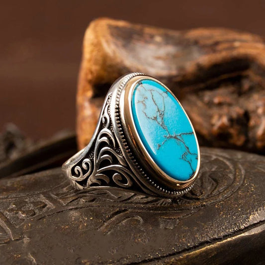 RARE PRINCE by CARAT SUTRA | Unique Designed Turkish Style Ring with Natural Blue Turquoise | 925 Sterling Silver Oxidized Ring | Men's Jewelry | With Certificate of Authenticity and 925 Hallmark