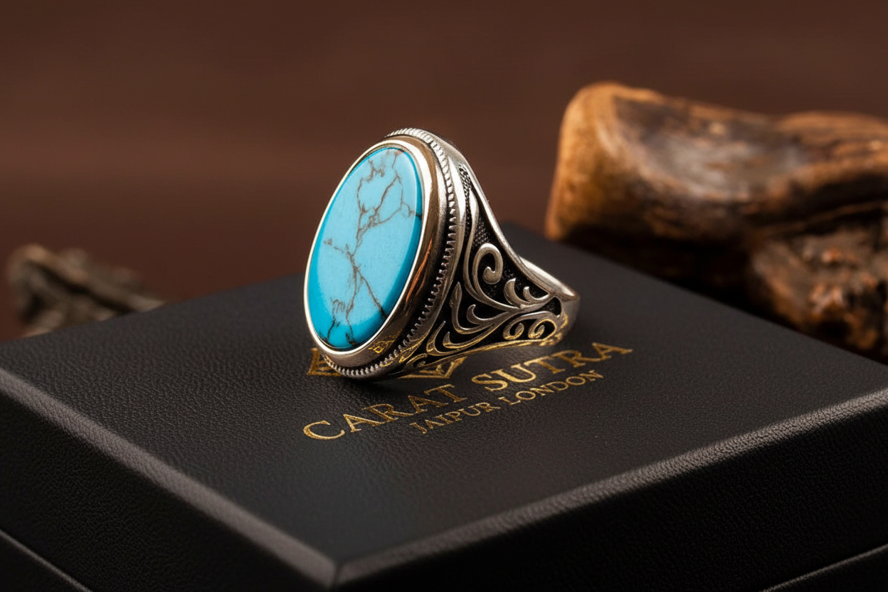 RARE PRINCE by CARAT SUTRA | Unique Designed Turkish Style Ring with Natural Irani Turquoise (Firoza)| 925 Sterling Silver Oxidized Ring | Men's Jewelry | With Certificate of Authenticity and 925 Hallmark - caratsutra