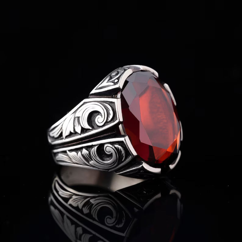 RARE PRINCE by CARAT SUTRA | Unique Turkish Style Ring with Natural Gomed | 925 Sterling Silver Oxidized Ring | Men's Jewelry | With Certificate of Authenticity and 925 Hallmark