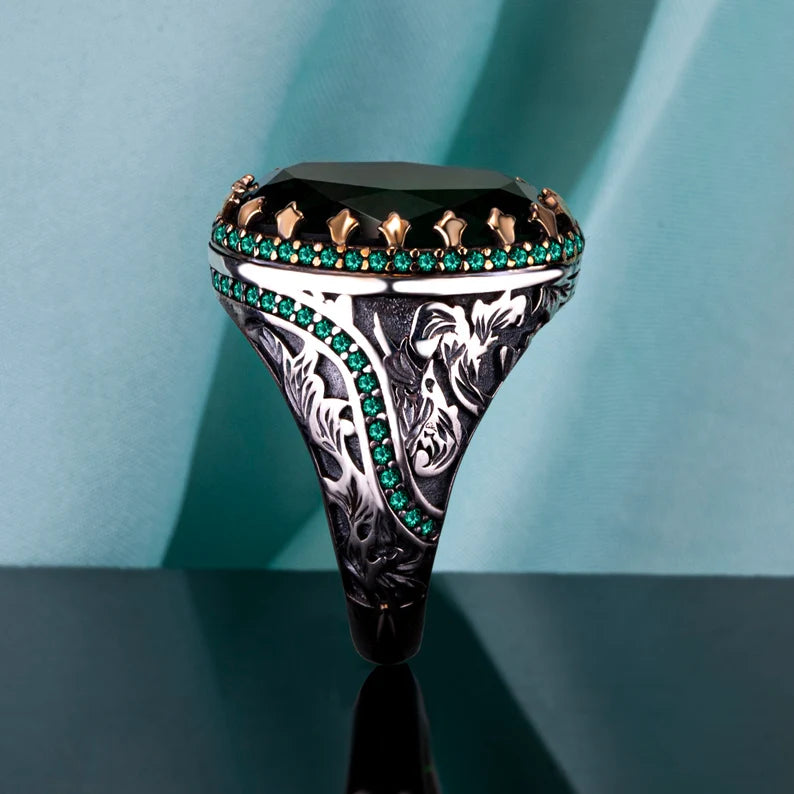 RARE PRINCE by CARAT SUTRA | Unique Designed Turkish Style Ring with Emerald | 925 Sterling Silver Oxidized Ring | Men's Jewelry | With Certificate of Authenticity and 925 Hallmark - caratsutra
