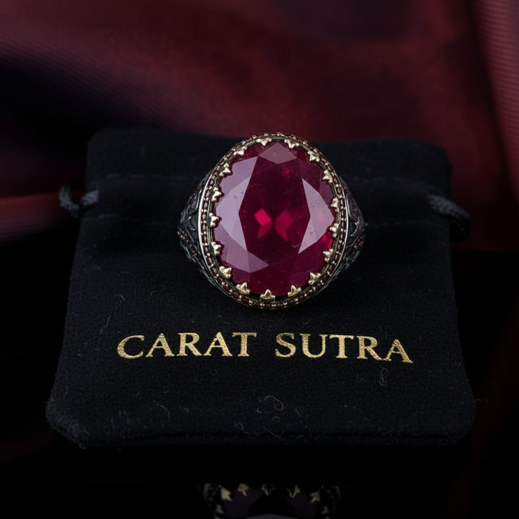 RARE PRINCE by CARAT SUTRA | Unique Designed Ring with Natural Red Ruby | 925 Sterling Silver Oxidized Ring | Men's Jewelry | With Certificate of Authenticity and 925 Hallmark