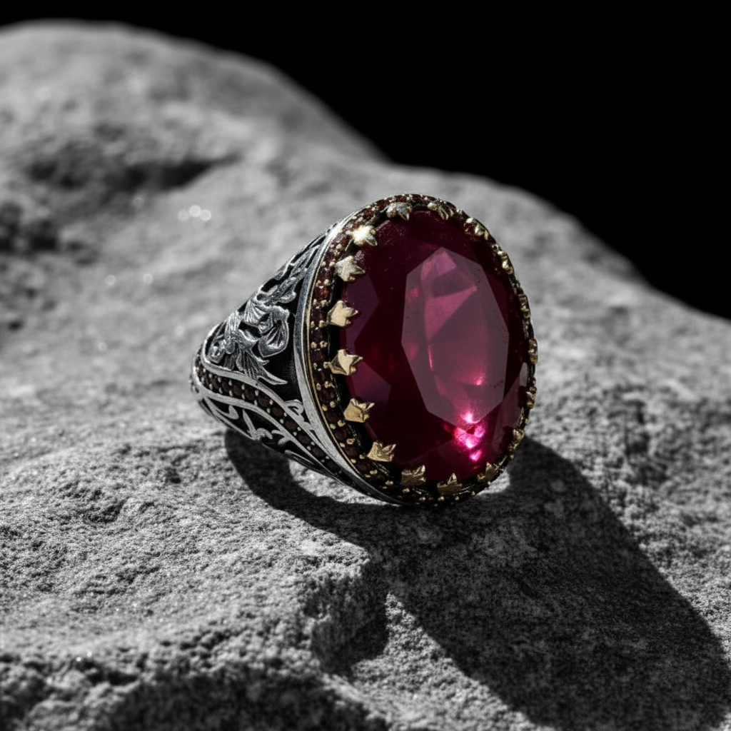 RARE PRINCE by CARAT SUTRA | Unique Designed Ring with Natural Red Ruby | 925 Sterling Silver Oxidized Ring | Men's Jewelry | With Certificate of Authenticity and 925 Hallmark