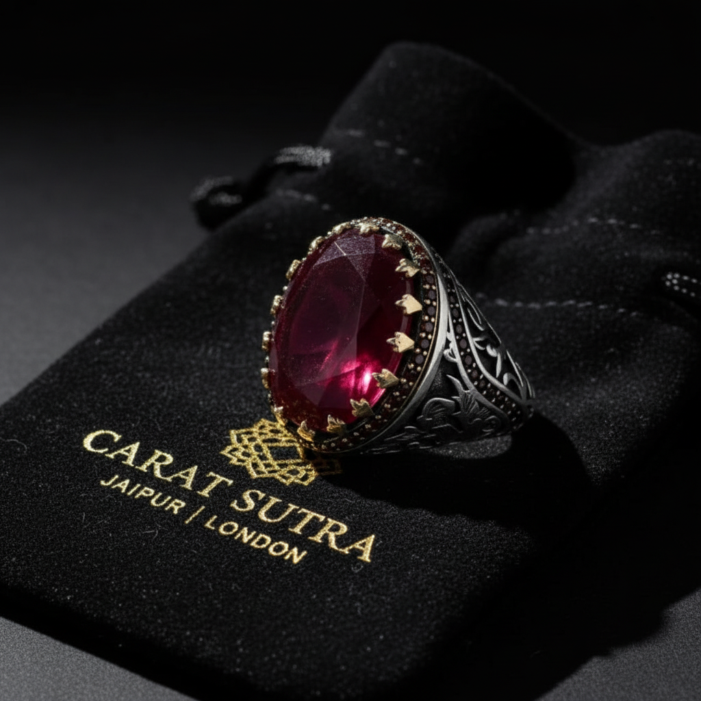 RARE PRINCE by CARAT SUTRA | Unique Designed Ring with Natural Red Ruby | 925 Sterling Silver Oxidized Ring | Men's Jewelry | With Certificate of Authenticity and 925 Hallmark - caratsutra