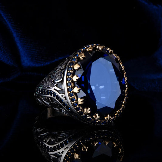 RARE PRINCE by CARAT SUTRA | Unique Turkish Style Ring with Blue S Sapphire | 925 Sterling Silver Oxidized Ring | Men's Jewelry | With Certificate of Authenticity and 925 Hallmark