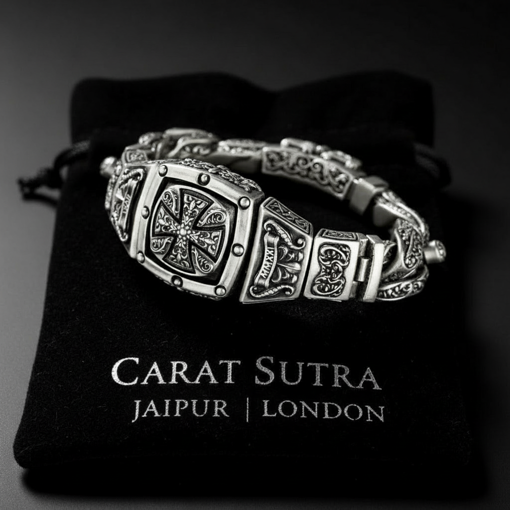 RARE PRINCE by CARAT SUTRA | 16mm Wide Solid Floral Textured Watch Shape Cross Miami Cuban Link With Artistic Cross Bracelet | Oxidised 925 Sterling Silver Bracelet | Men's Jewelry | With Certificate of Authenticity and 925 Hallmark