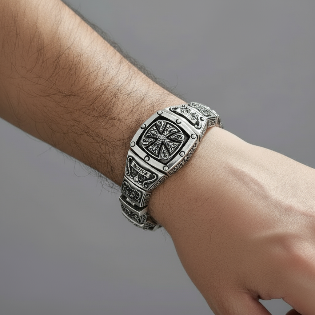 RARE PRINCE by CARAT SUTRA | 16mm Wide Solid Floral Textured Watch Shape Cross Miami Cuban Link With Artistic Cross Bracelet | Oxidised 925 Sterling Silver Bracelet | Men's Jewelry | With Certificate of Authenticity and 925 Hallmark