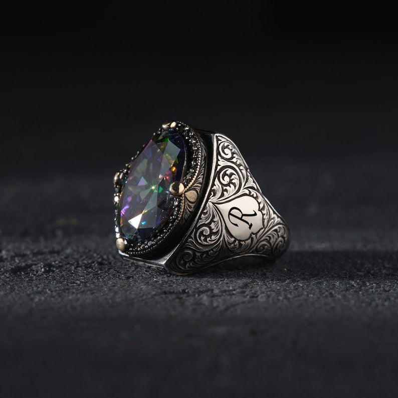 RARE PRINCE by CARAT SUTRA | Custom Name Initials Turkish Style Ring with Multicolored Alexandrite | 925 Sterling Silver Oxidized Ring | Men's Jewelry | With Certificate of Authenticity and 925 Hallmark