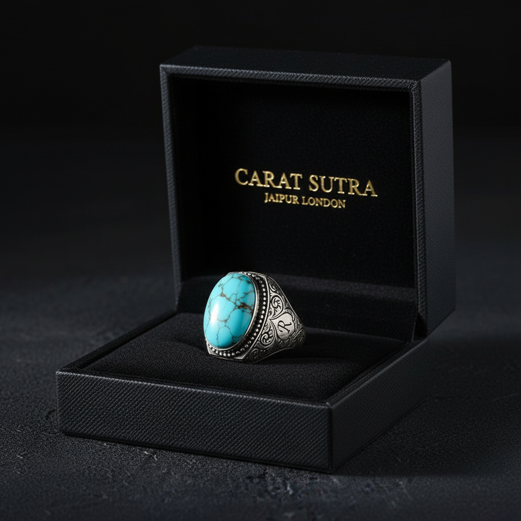 Turkish Style Ring with 15ct Natural Irani Origin Turquoise | 925 Sterling Silver Oxidized Ring |With Certificate of Authenticity and 925 Hallmark - caratsutra