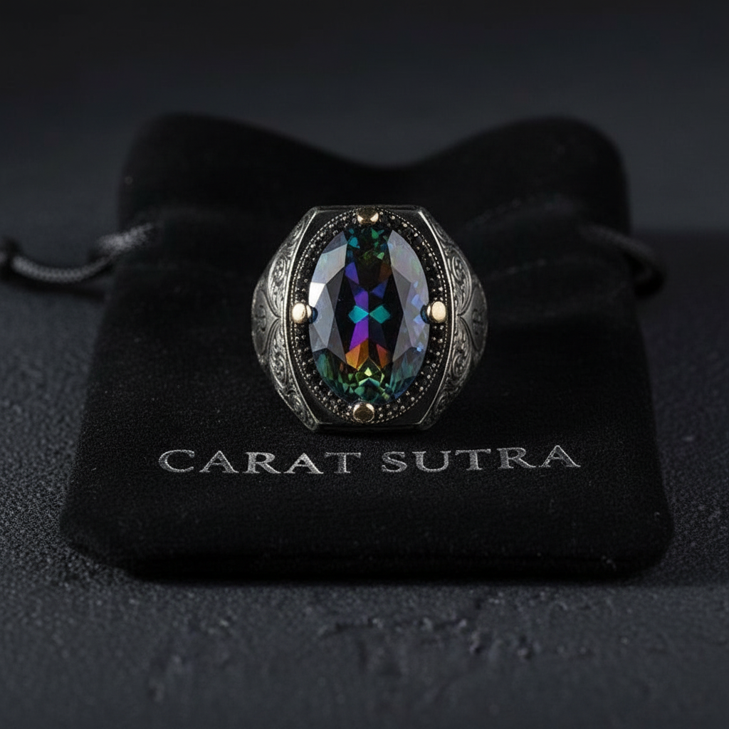 RARE PRINCE by CARAT SUTRA | Custom Name Initials Turkish Style Ring with Multicolored Alexandrite | 925 Sterling Silver Oxidized Ring | Men's Jewelry | With Certificate of Authenticity and 925 Hallmark