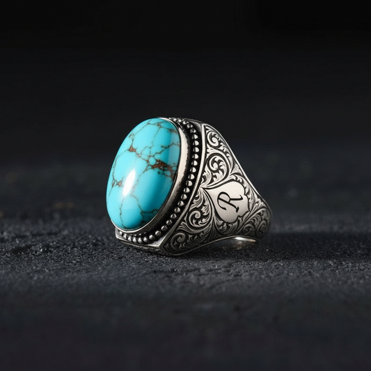 Turkish Style Ring with 15ct Natural Irani Origin Turquoise | 925 Sterling Silver Oxidized Ring |With Certificate of Authenticity and 925 Hallmark