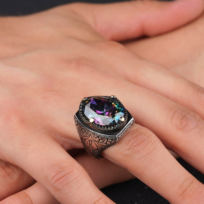 RARE PRINCE by CARAT SUTRA | Custom Name Initials Turkish Style Ring with Multicolored Alexandrite | 925 Sterling Silver Oxidized Ring | Men's Jewelry | With Certificate of Authenticity and 925 Hallmark