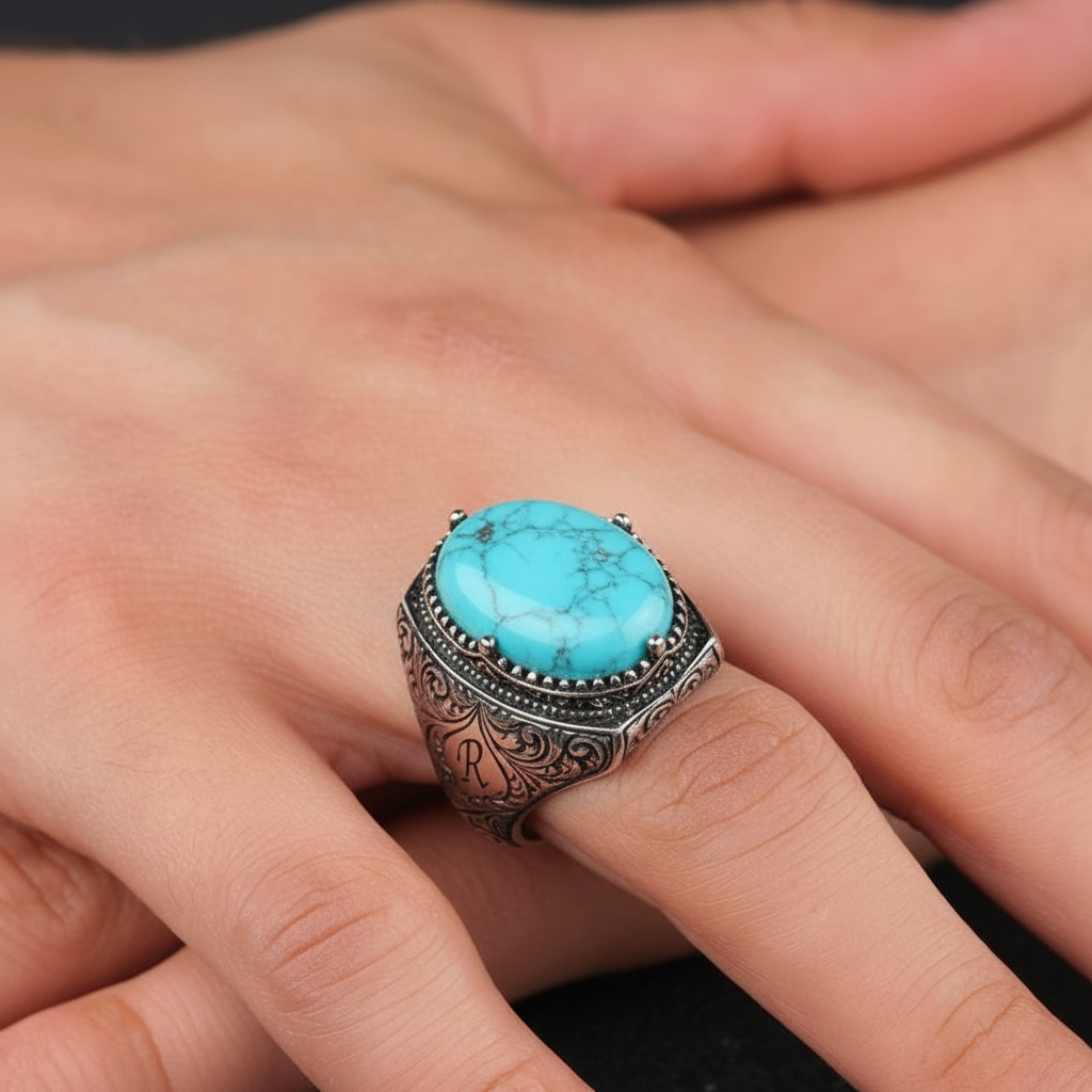 Turkish Style Ring with 15ct Natural Irani Origin Turquoise | 925 Sterling Silver Oxidized Ring |With Certificate of Authenticity and 925 Hallmark