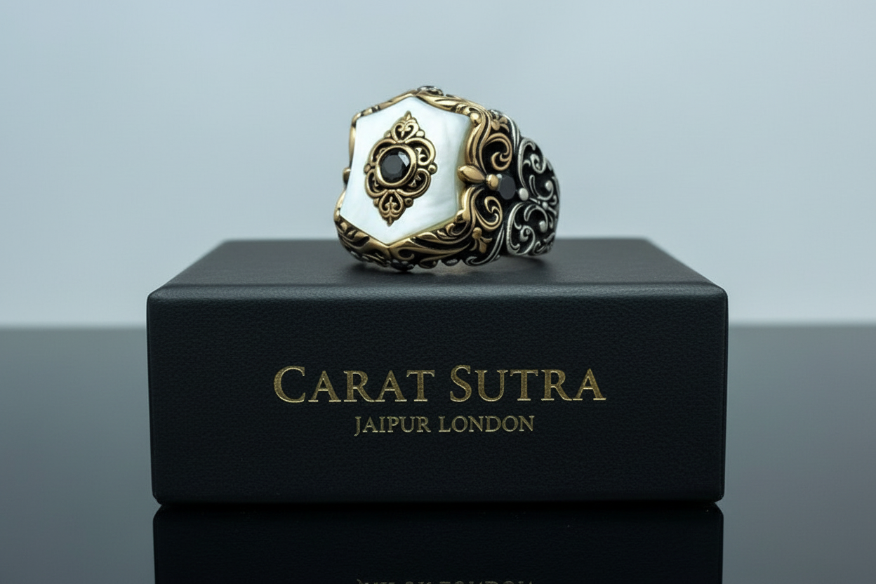 RARE PRINCE by CARAT SUTRA | Unique Turkish Style Ring with Natural Pearl | 925 Sterling Silver Oxidized Ring | Men's Jewelry | With Certificate of Authenticity and 925 Hallmark - caratsutra