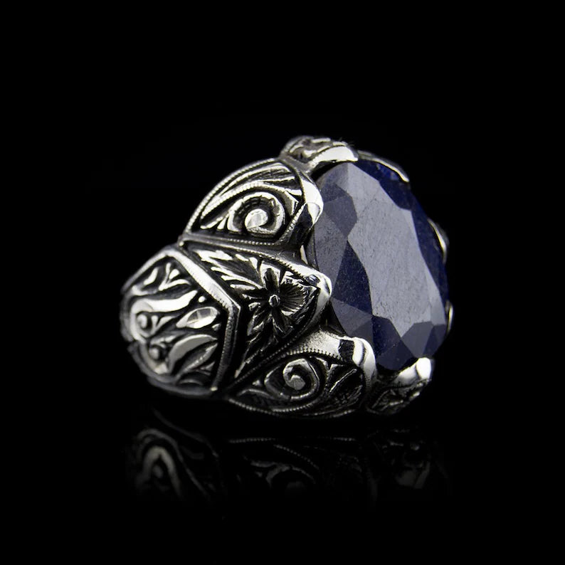 RARE PRINCE by CARAT SUTRA | Unique Turkish Style Ring with Blue S Sapphire | 925 Sterling Silver Oxidized Ring | Men's Jewelry | With Certificate of Authenticity and 925 Hallmark