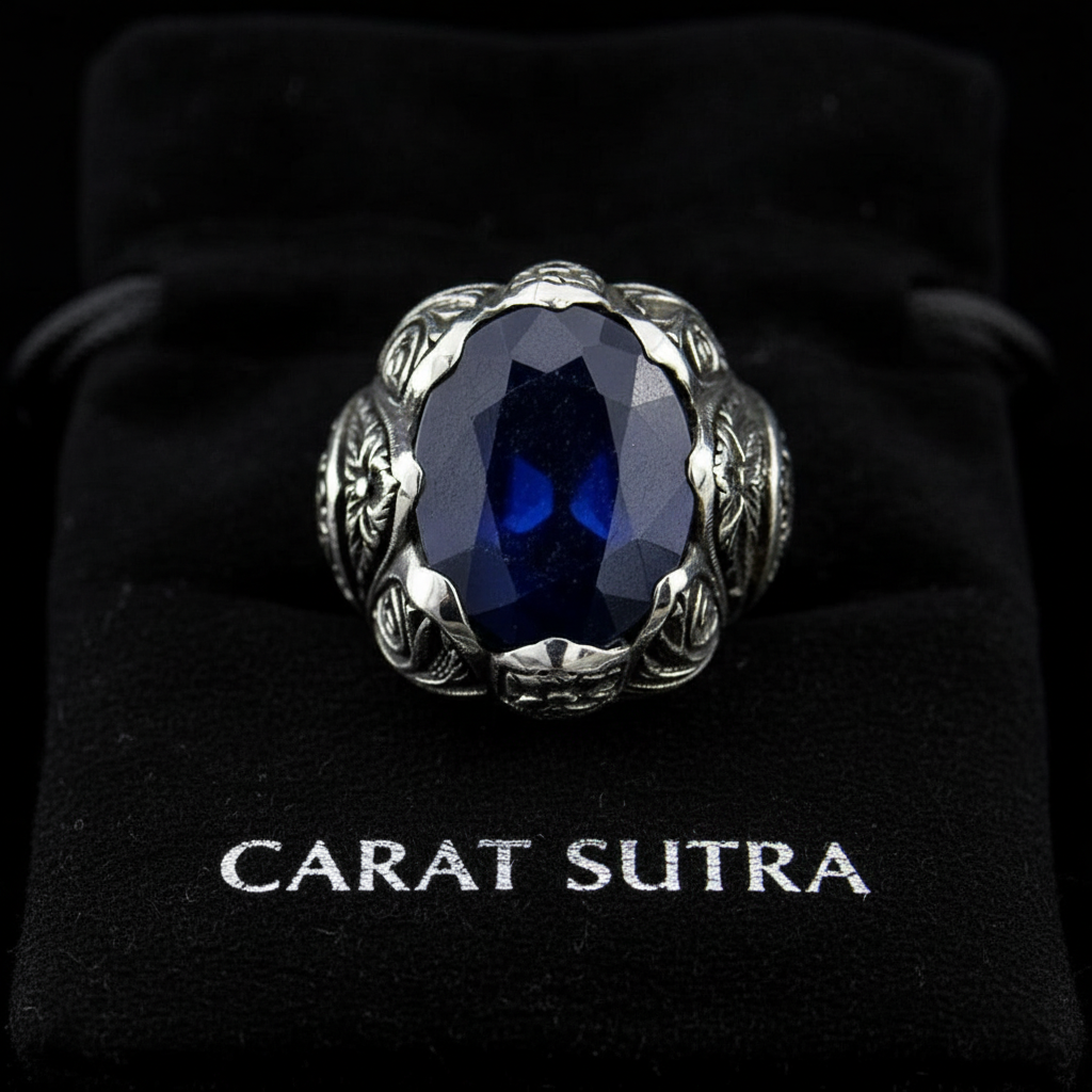 RARE PRINCE by CARAT SUTRA | Unique Turkish Style Ring with Blue S Sapphire | 925 Sterling Silver Oxidized Ring | Men's Jewelry | With Certificate of Authenticity and 925 Hallmark