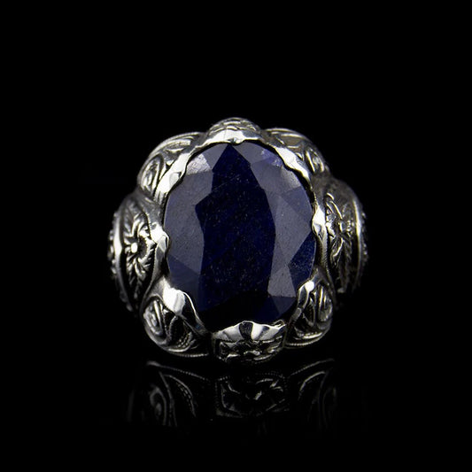 RARE PRINCE by CARAT SUTRA | Unique Turkish Style Ring with Blue S Sapphire | 925 Sterling Silver Oxidized Ring | Men's Jewelry | With Certificate of Authenticity and 925 Hallmark