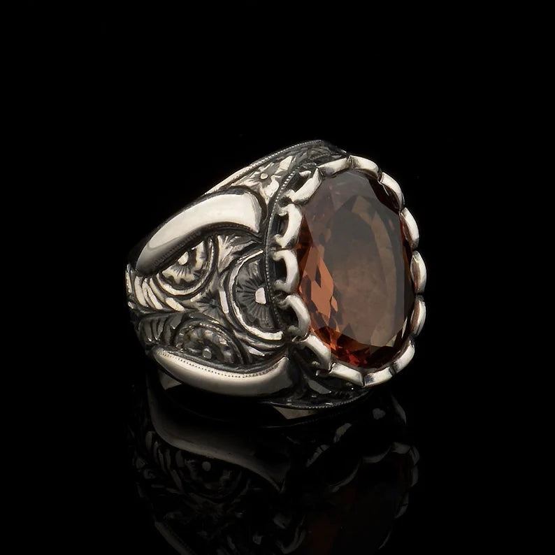 RARE PRINCE by CARAT SUTRA | Unique Turkish Style Ring with Natural Gomed | 925 Sterling Silver Oxidized Ring | Men's Jewelry | With Certificate of Authenticity and 925 Hallmark