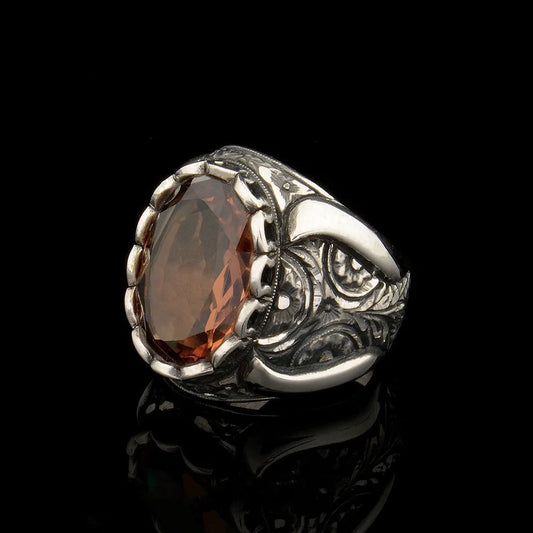 RARE PRINCE by CARAT SUTRA | Unique Turkish Style Ring with Natural Gomed | 925 Sterling Silver Oxidized Ring | Men's Jewelry | With Certificate of Authenticity and 925 Hallmark