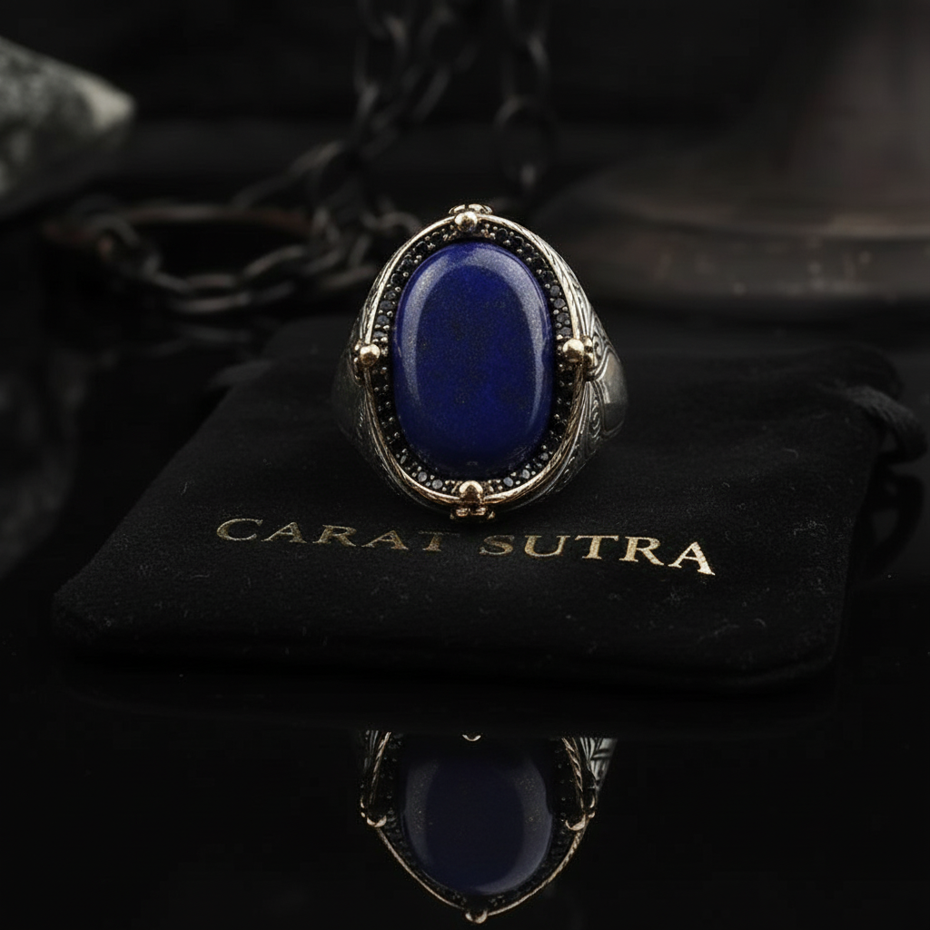 RARE PRINCE by CARAT SUTRA | Unique Turkish Style Ring with Natural Blue Lapis Lazuli | 925 Sterling Silver Oxidized Ring | Men's Jewelry | With Certificate of Authenticity and 925 Hallmark