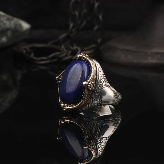 RARE PRINCE by CARAT SUTRA | Unique Turkish Style Ring with Natural Blue Lapis Lazuli | 925 Sterling Silver Oxidized Ring | Men's Jewelry | With Certificate of Authenticity and 925 Hallmark