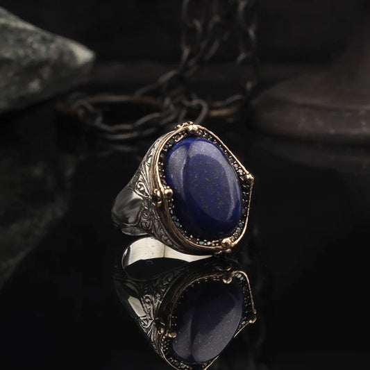 RARE PRINCE by CARAT SUTRA | Unique Turkish Style Ring with Natural Blue Lapis Lazuli | 925 Sterling Silver Oxidized Ring | Men's Jewelry | With Certificate of Authenticity and 925 Hallmark