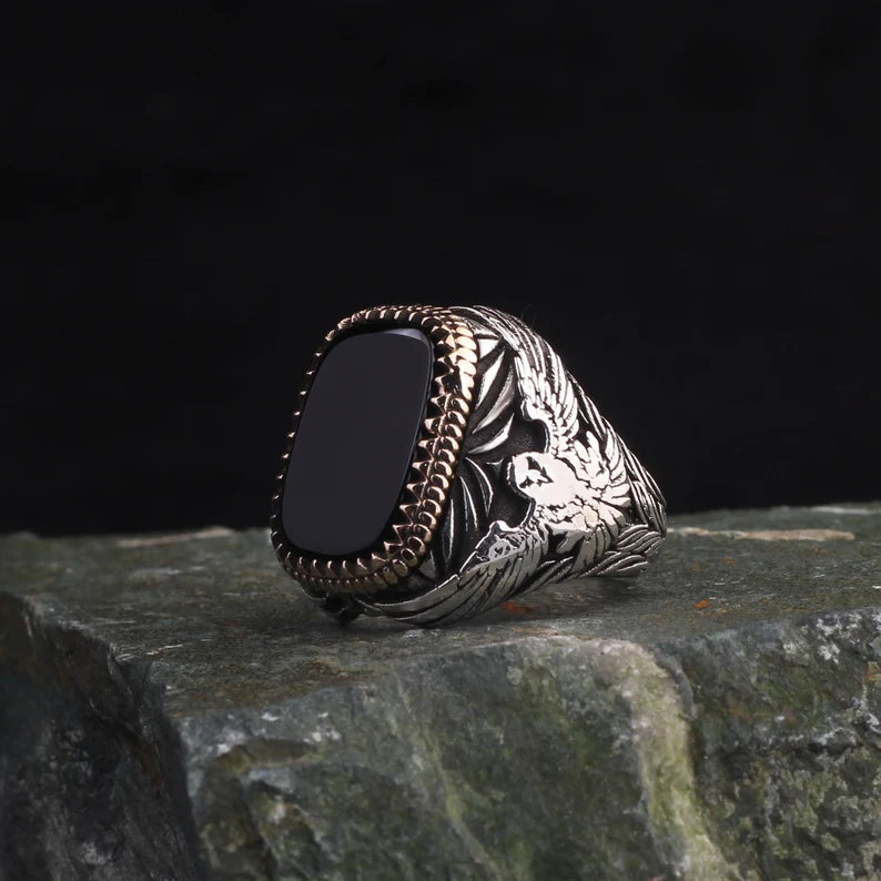 RARE PRINCE by CARAT SUTRA | Unique  Eagle Designed Turkish Style Ring with Natural Black Onyx | Black Rhodium & Gold Plated 925 Sterling Silver Ring | Men's Jewelry | With Certificate of Authenticity and 925 Hallmark