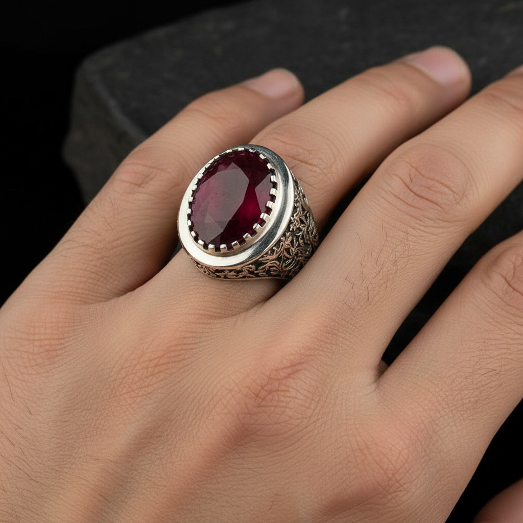RARE PRINCE by CARAT SUTRA | Unique Designed Turkish Style Heavy Ring with Natural Red Ruby | 22kt Gold Micron Plated 925 Sterling Silver Oxidized Ring | Men's Jewelry | With Certificate of Authenticity and 925 Hallmark