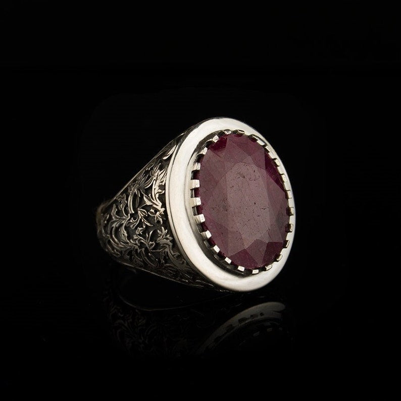 RARE PRINCE by CARAT SUTRA | Unique Designed Turkish Style Heavy Ring with Natural Red Ruby | 22kt Gold Micron Plated 925 Sterling Silver Oxidized Ring | Men's Jewelry | With Certificate of Authenticity and 925 Hallmark